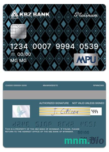 Myanmar KBZ Bank MPU Platinum Credit karta w pełni edytowalne PSD